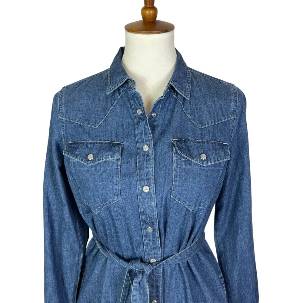 J.Crew Denim Shirt Dress Belted Western Snap Front Cotton Size 4 Style #M0535